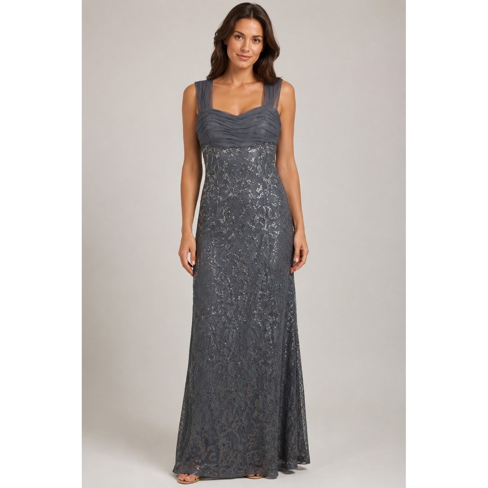 Lauren Ralph Lauren Evening Gown Women 6 Gray Sequin Lace Tulle Ruched Glam New